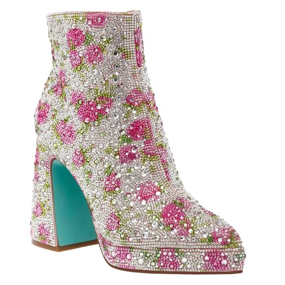 BETSEY JOHNSON DELLA Pink Rhinestone Floral Booties Size 7.5 NEW - Picture 1 of 14